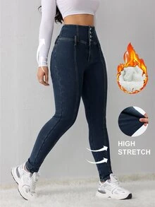 SHEIN Tall CURVE 大尺碼冬季保暖內裡修身牛仔褲 - 藍色 - 查看 3