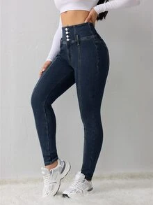 SHEIN Tall CURVE 大尺碼冬季保暖內裡修身牛仔褲 - 藍色 - 查看 4