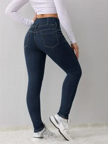 SHEIN Tall CURVE 大尺碼冬季保暖內裡修身牛仔褲 - 藍色 - 查看 2