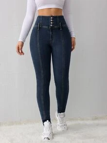 SHEIN Tall CURVE 大尺碼冬季保暖內裡修身牛仔褲 - 藍色 - 查看 5