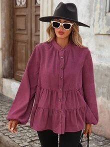 Brillora Women's Solid Color Long Sleeve Single-Breasted Ruffle Hem Casual Shirt, Western Outfits For Women Style For Autumn,Red Loose-Fitting Top - Burgundy - View 5