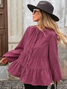 Brillora Women's Solid Color Long Sleeve Single-Breasted Ruffle Hem Casual Shirt, Western Outfits For Women Style For Autumn,Red Loose-Fitting Top - Burgundy - View 3