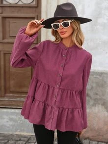 Brillora Women's Solid Color Long Sleeve Single-Breasted Ruffle Hem Casual Shirt, Western Outfits For Women Style For Autumn,Red Loose-Fitting Top - Burgundy - View 2