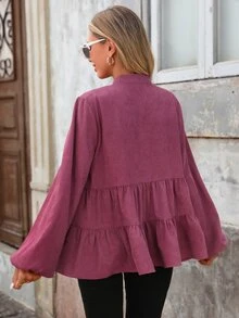 Brillora Women's Solid Color Long Sleeve Single-Breasted Ruffle Hem Casual Shirt, Western Outfits For Women Style For Autumn,Red Loose-Fitting Top - Burgundy - View 6