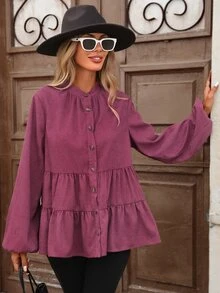 Brillora Women's Solid Color Long Sleeve Single-Breasted Ruffle Hem Casual Shirt, Western Outfits For Women Style For Autumn,Red Loose-Fitting Top - Burgundy - View 1