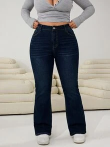 SHEIN CURVE+ 大尺碼休閒寬鬆優雅工裝牛仔褲，附口袋與鈕扣，適合女性秋季度假、海灘派對、外出、生日、夜店 - 藍色 - 查看 7