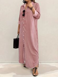 SHEIN Clasi 大尺碼女款度假風超長襯衫洋裝，長袖襯衫，拼色條紋，單排扣秋季款 - 酒紅色 - 查看 10