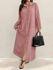 SHEIN Clasi 大尺碼女款度假風超長襯衫洋裝，長袖襯衫，拼色條紋，單排扣秋季款 - 酒紅色 - 查看 6
