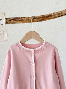 SHEIN Young Girl Bow Front Kids Contrast Trim Autumn Cardigan - Pink - View 7