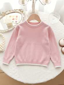 SHEIN Young Girl Bow Front Kids Contrast Trim Autumn Cardigan - Pink - View 2