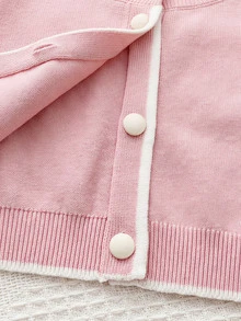 SHEIN Young Girl Bow Front Kids Contrast Trim Autumn Cardigan - Pink - View 3