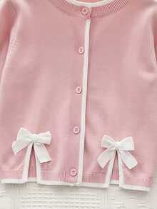 SHEIN Young Girl Bow Front Kids Contrast Trim Autumn Cardigan - Pink - View 4