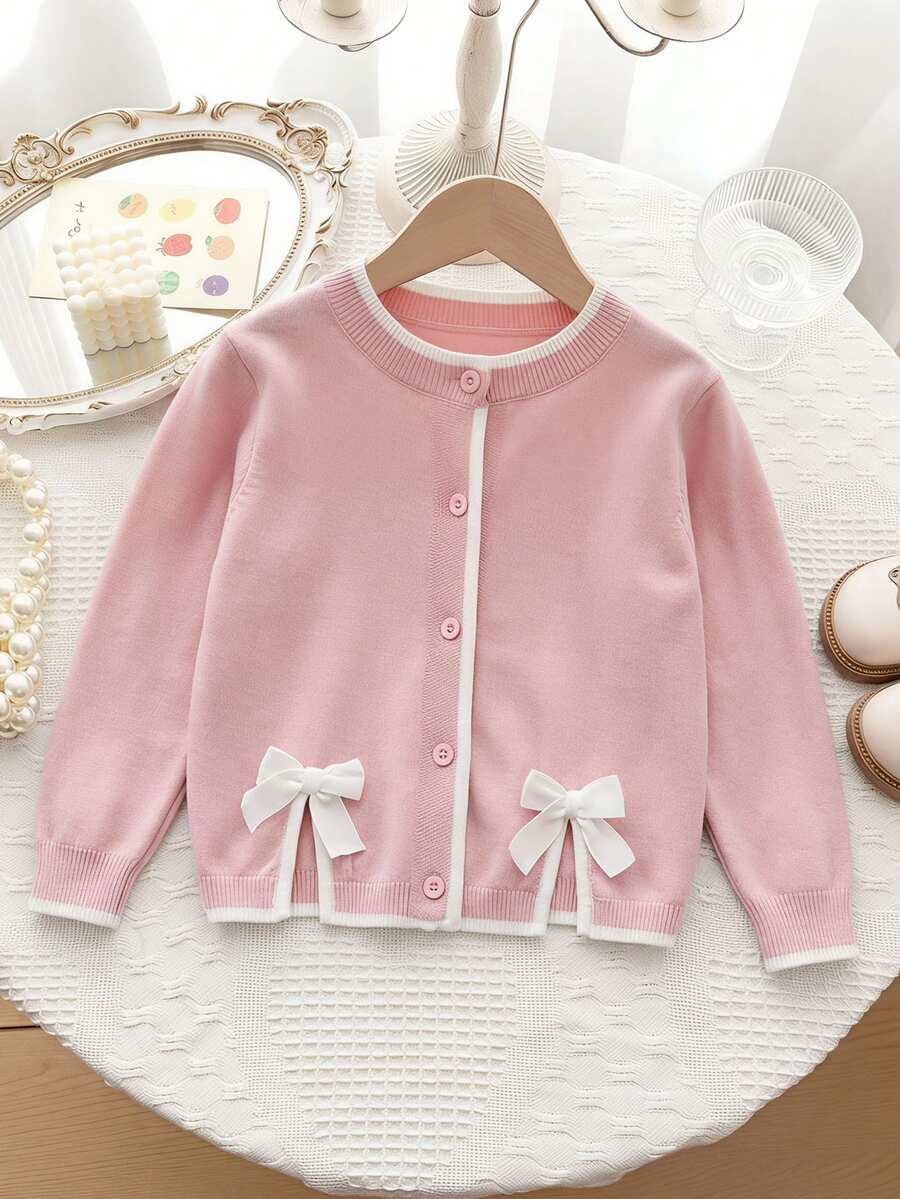 SHEIN Young Girl Bow Front Kids Contrast Trim Autumn Cardigan - Pink - View 1