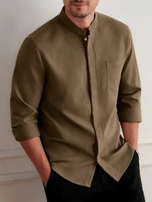 Core Aspect Men's Casual Solid Color Brown Single-Breasted Pocket Shirt - Coffee Brown - View 1