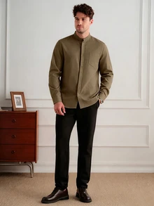 Core Aspect Men's Casual Solid Color Brown Single-Breasted Pocket Shirt - Coffee Brown - View 4