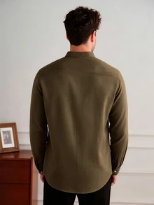 Core Aspect Men's Casual Solid Color Brown Single-Breasted Pocket Shirt - Coffee Brown - View 2
