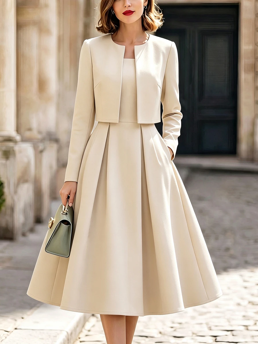 SHEIN Raffinéa Off-White Short Jacket And Dress Two-Piece Set; Professional Suit Set; Elegant Outfit For Wedding Guests; French-Style All-Season Office Ensemble. - Beige - View 1