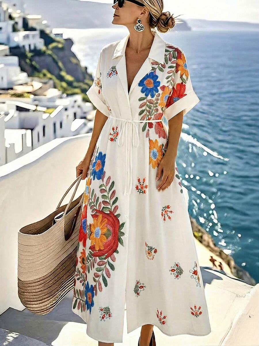 Louniche Women's Casual Vacation Placement Print Batwing Sleeve Shirt Dress, Suitable For Daily And Vacation Wear, Spring/Summer - Multicolor - View 1