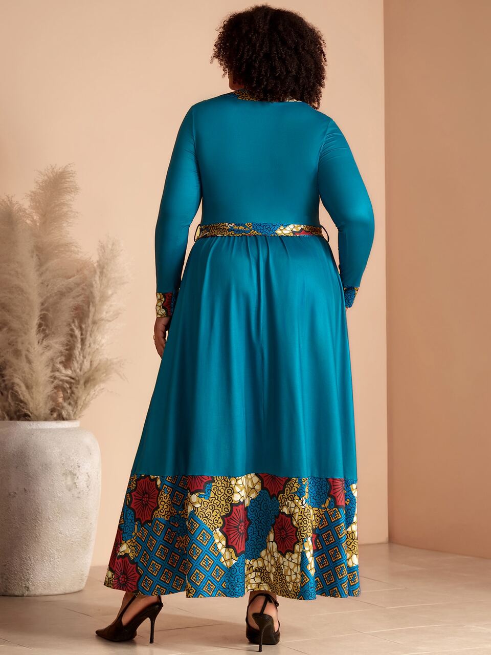 Plus Size Women's Autumn/Winter Casual Boho Vacation Elegant Floral Print Patchwork Teal Long Sleeve Dress Belt Formal Birthday Evening