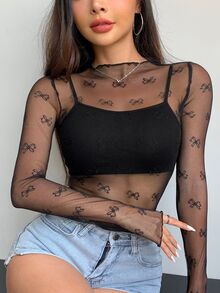DAZY Ladies' Printed Simple Daily Mesh T-Shirt Going Out Tops Sheer Long Sleeve Women Tops - Black - View 6