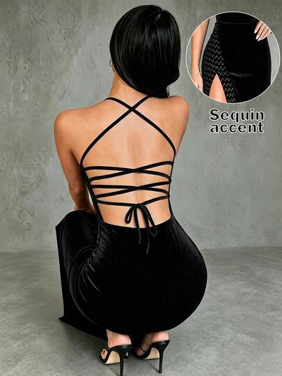 CHARMVALE New Black Velvet Spaghetti Strap Evening Dress Party Women Cross Back Tie-Up Sequin Slit Long Gown