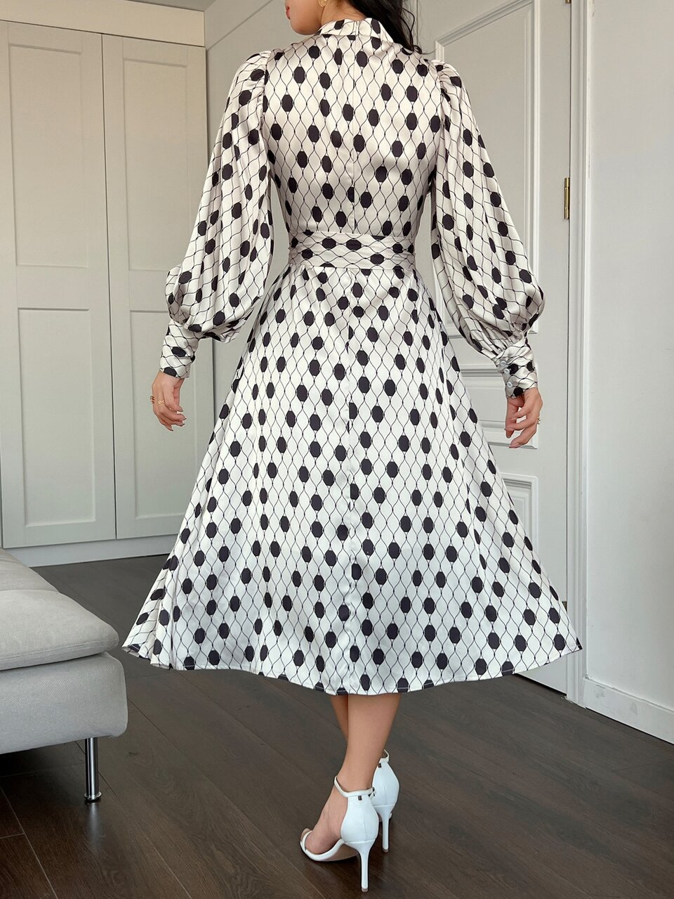 Fully Allover Print Tie Neck Puff Sleeve Women's Mid-Length Dress,Formal Women Dresses,Fall Dress Long Sleeve Dress