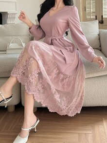 DAZY 优雅V领蕾丝拼接腰带中长连衣裙，适合婚礼宾客穿着，秋季长袖连衣裙，舞会礼服，碎花连衣裙，女士 - 粉色 - 查看 7