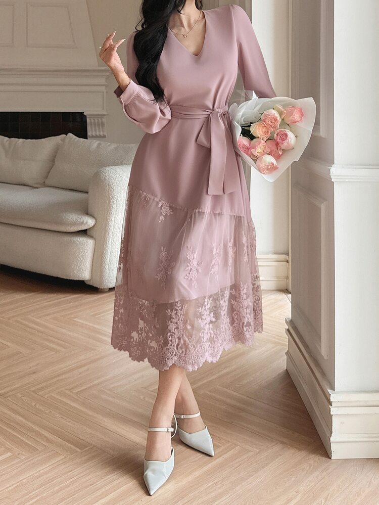 DAZY Elegant V-Neck Lace Patchwork Waist Belt Midi Dress,Dusty Pink Autumn Wedding Ninang Guest Attire,Fall Long Sleeve Prom Floral Dresses For Women - Pink - View 5