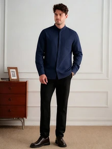Core Aspect Camisa casual de unicolor versátil para uso diario y ceremonias para hombres - Azul Marino - Ver 5