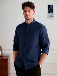 Core Aspect Camisa casual de unicolor versátil para uso diario y ceremonias para hombres - Azul Marino - Ver 4