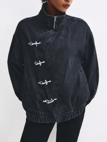 ATUI Studio Women's Casual Versatile Daily Travel Denim Jacket With Airplane Buckle - Dark Wash - View 5