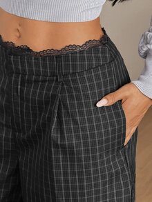 Coolane 女款秋冬街頭風商務休閒學院風時尚辦公穿搭基礎款對比蕾絲格紋舒適黑色直筒長褲 - 黑色 - 查看 3