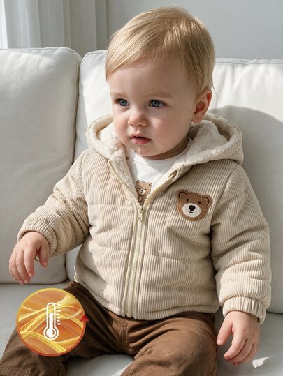 SHEIN Vintaside Kids Baby Boys Baby Boy Padded Jacket Cute Beige Khaki Bear Patch Sherpa Lined Long Sleeve Hooded Thick Outdoor Winter Christmas Holiday Sweaters Zipper