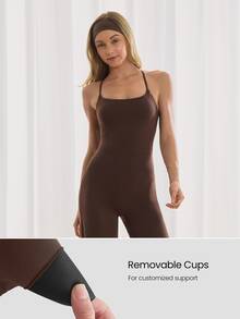 GLOWMODE 31" FeatherFit™ One And Done Peekaboo Crossback Jumpsuit With Tummy Control 3.0 & Removable Cups Yoga Pilates Studio Summer Wear - Brown - View 6
