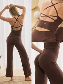 GLOWMODE 31" FeatherFit™ One And Done Peekaboo Crossback Jumpsuit With Tummy Control 3.0 & Removable Cups Yoga Pilates Studio Summer Wear - Brown - View 10