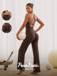 GLOWMODE 31" FeatherFit™ One And Done Peekaboo Crossback Jumpsuit With Tummy Control 3.0 & Removable Cups Yoga Pilates Studio Summer Wear - Brown - View 1