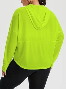 Rhythm Era Plus Size Women Neon Green Zip-Up Drawstring Hooded Mesh Breathable Sports Jacket Fall - Green - View 3