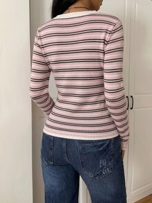 CovetEZ Casual Minimalist Style Pink Striped V-Neck Women's Sweater Suitable For Early Autumn - Multicolor - View 2