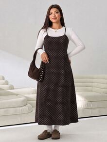 Solflare Plus Size Women Polka Dot Pattern Casual Spaghetti Strap Dress - Multicolor - View 5