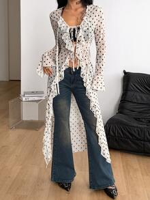 Coolane Women's Fall/Winter Streetwear Casual Sexy Bohemian Boho Party Beach Cover-Up With Straps And Ruffled Ribbons Hot Girl Style White Polka Dot Long Coat - White - View 4