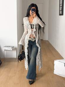 Coolane Women's Fall/Winter Streetwear Casual Sexy Bohemian Boho Party Beach Cover-Up With Straps And Ruffled Ribbons Hot Girl Style White Polka Dot Long Coat - White - View 5