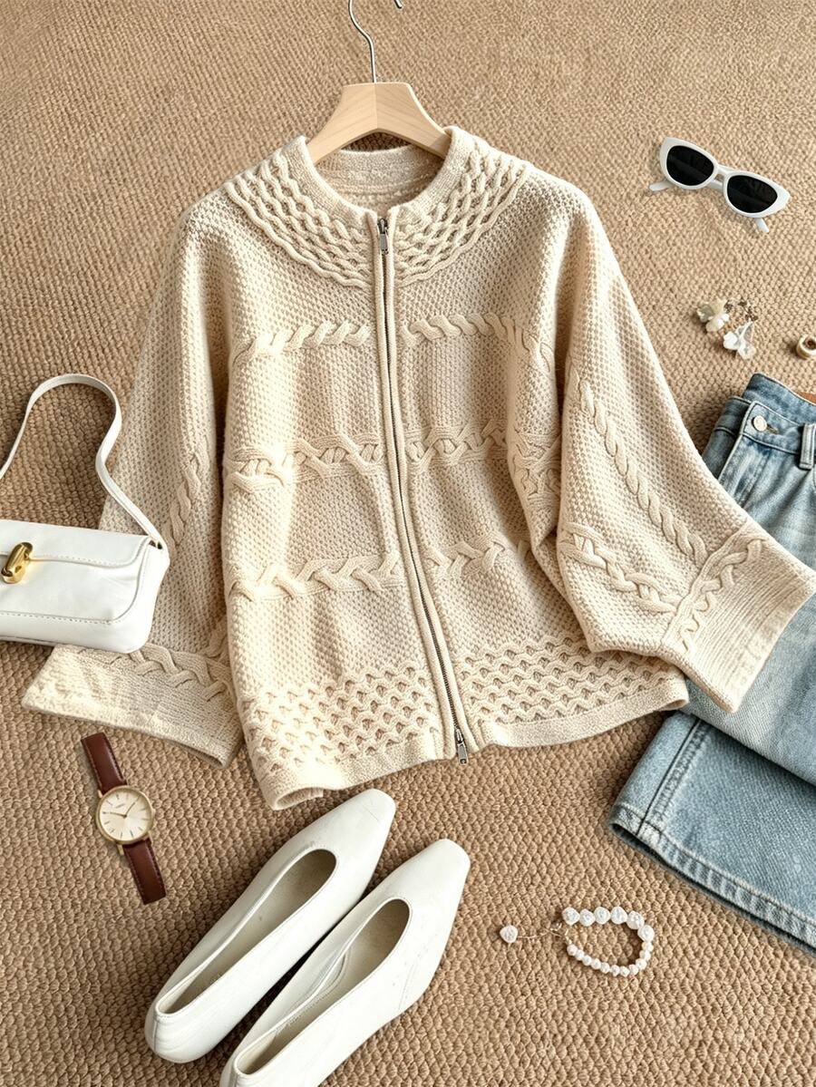 Grovea Plus Size Women's Solid Color Zipper Casual Versatile Daily Wear Cardigan - Beige - View 1