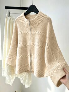 Grovea Plus Size Women's Solid Color Zipper Casual Versatile Daily Wear Cardigan - Beige - View 4