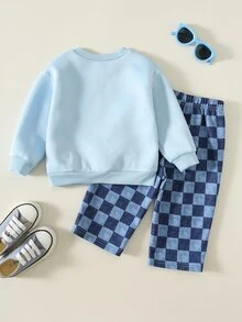 SHEIN 中性嬰兒男/女童 2件組秋冬保暖內裡加厚可愛鵝圖案運動衫套裝，嬰兒男童冬季套裝，運動服，街頭風 - 霧霾藍 - 查看 2
