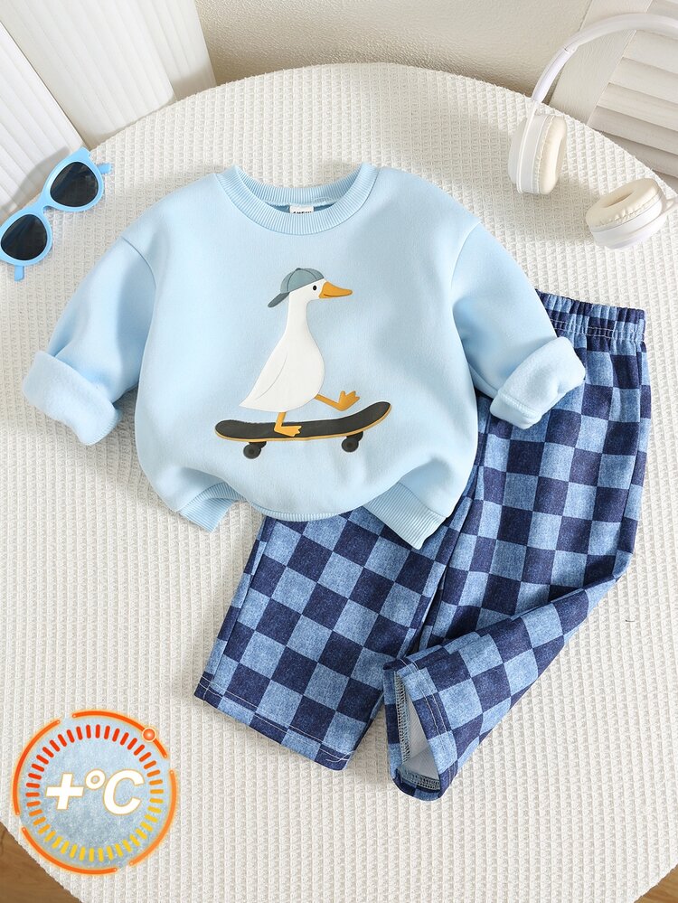 SHEIN Unisex Baby Boy/Girl 2pcs Autumn/Winter Thermal Lined Thickened Cute Goose Pattern Sweatshirt Set, Baby Boy Winter Outfit Set, Tracksuit, Streetwear - Dusty Blue - View 1