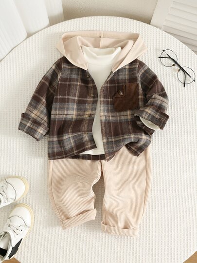 SHEIN Unisex Baby Boy/Girl, Toddler 2pcs Autumn/Winter Colorblock Patchwork Fashion Plaid Hooded Shirt Set, Jacket Set, Baby Winter Outfit Set/Clothes, Christmas