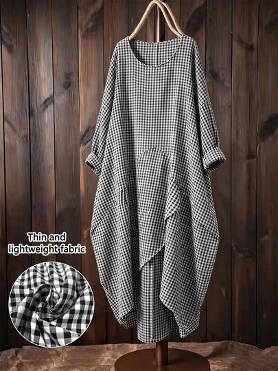 Linhara Plus Size Women's Round Neck Long Sleeve Black & White Plaid Dress, Loose Fit, Office Wear, Independence Day Outfit, Casual Autumn/Winter Dress Fall