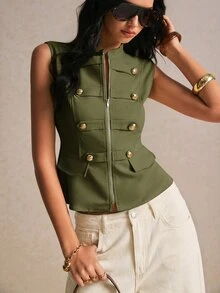 Poéselle Women's Solid Color Zipper Placket Double-Breasted Button Design Vest Jacket - Army Green - View 5