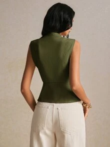 Poéselle Women's Solid Color Zipper Placket Double-Breasted Button Design Vest Jacket - Army Green - View 9