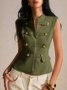 Poéselle Women's Solid Color Zipper Placket Double-Breasted Button Design Vest Jacket - Army Green - View 2